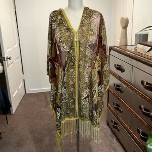 Brown/acid green sheer poncho with long fringe - one size